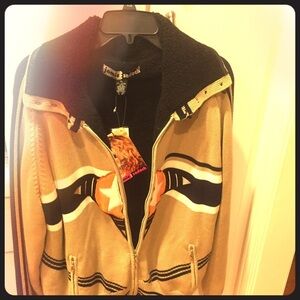 Jamie Sadock Knit Jacket w/ Sherling Lining XL   Khaki & Black NWT